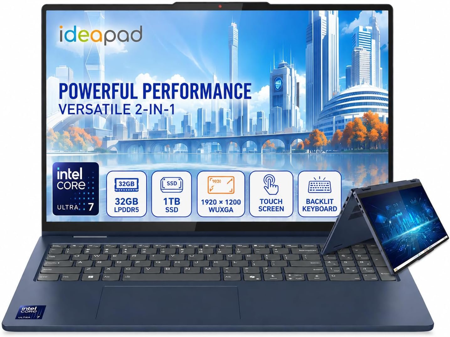 Lenovo IdeaPad 5 16″ WUXGA IPS Touchscreen 2-in-1 Convertible Laptop, Backlit Keyboard, Intel Core Ultra 7 255U CPU (12 Cores, 5.2GHz), 32GB LPDDR5 RAM, 1TB SSD, WiFi 6, 1080P Webcam