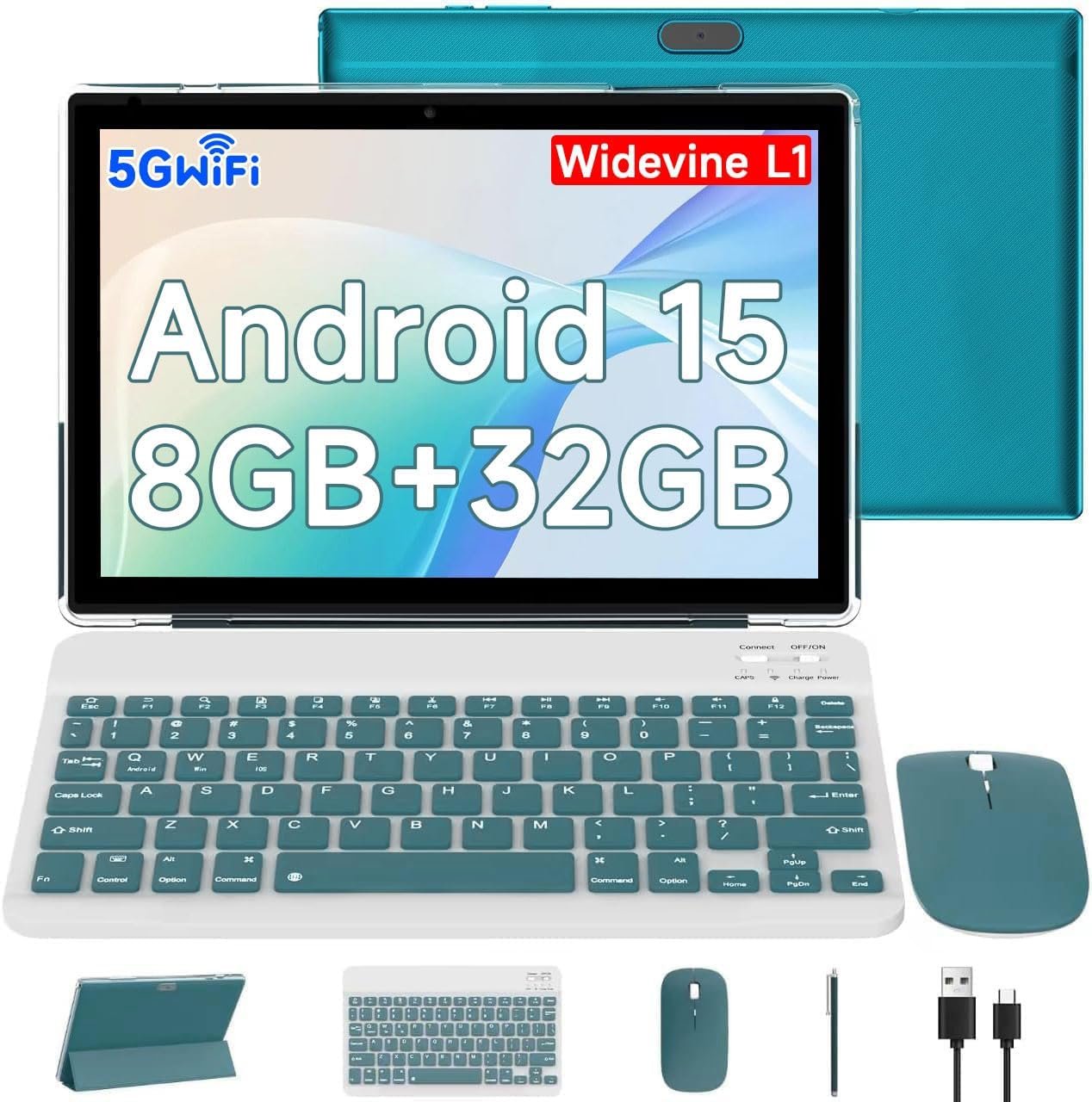 CUPEISI Android 15 Tablet 10.1 Inch 2 in 1 Tablets with Keyboard/Mouse/Case/Stylus, 8GB RAM+32GB ROM (Max 1TB), 1.8Ghz Quad-core Processor, 1280 * 800 IPS HD Touch Screen, 2.4G/5G Wifi6 BT 5.0 Tablet