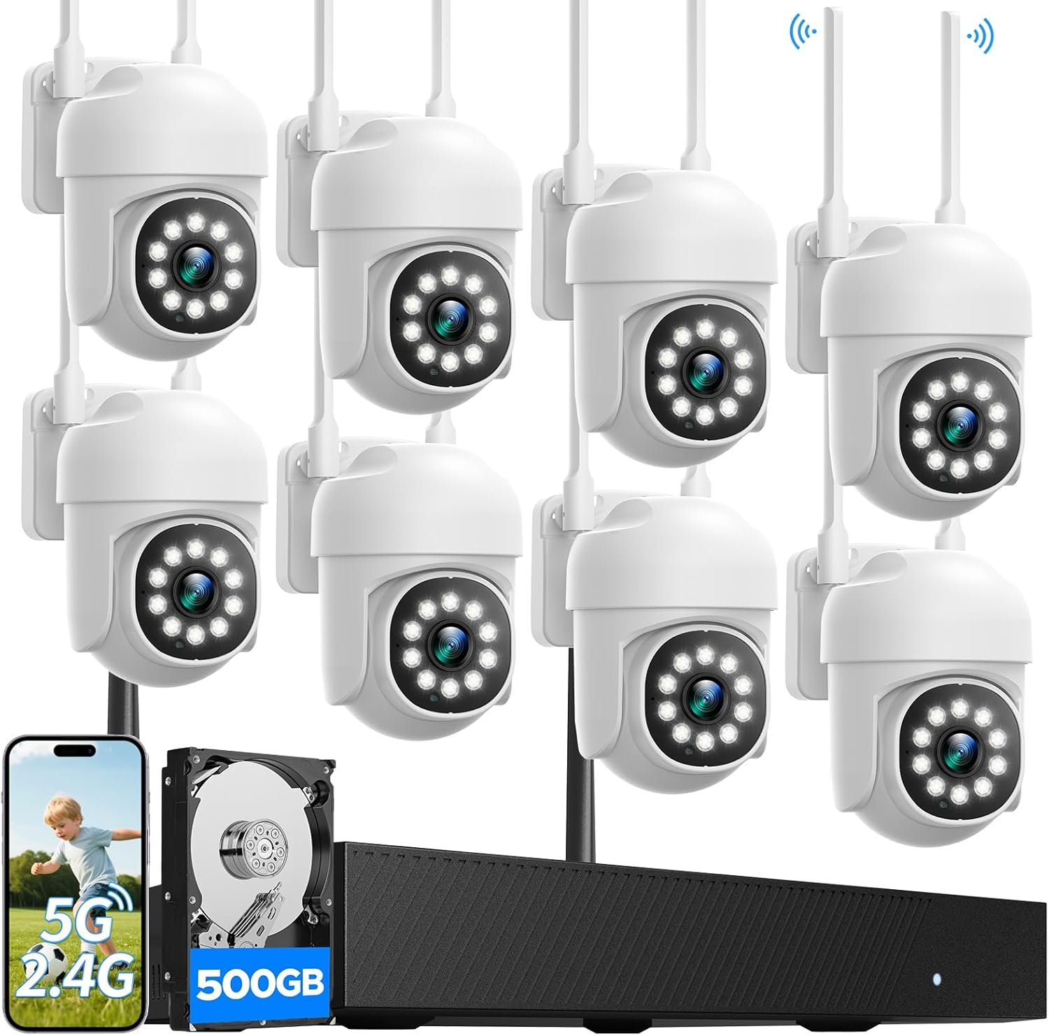 Home Security Camera System, CAMCAMP 24/7 Recording Security Cameras Wireless Outdoor 16CH NVR PTZ 355° View 2.4G& 5G WiFi Auto Human Tracking 2MP Smart Color Night Vision for CCTV Surveillance Kit(8)