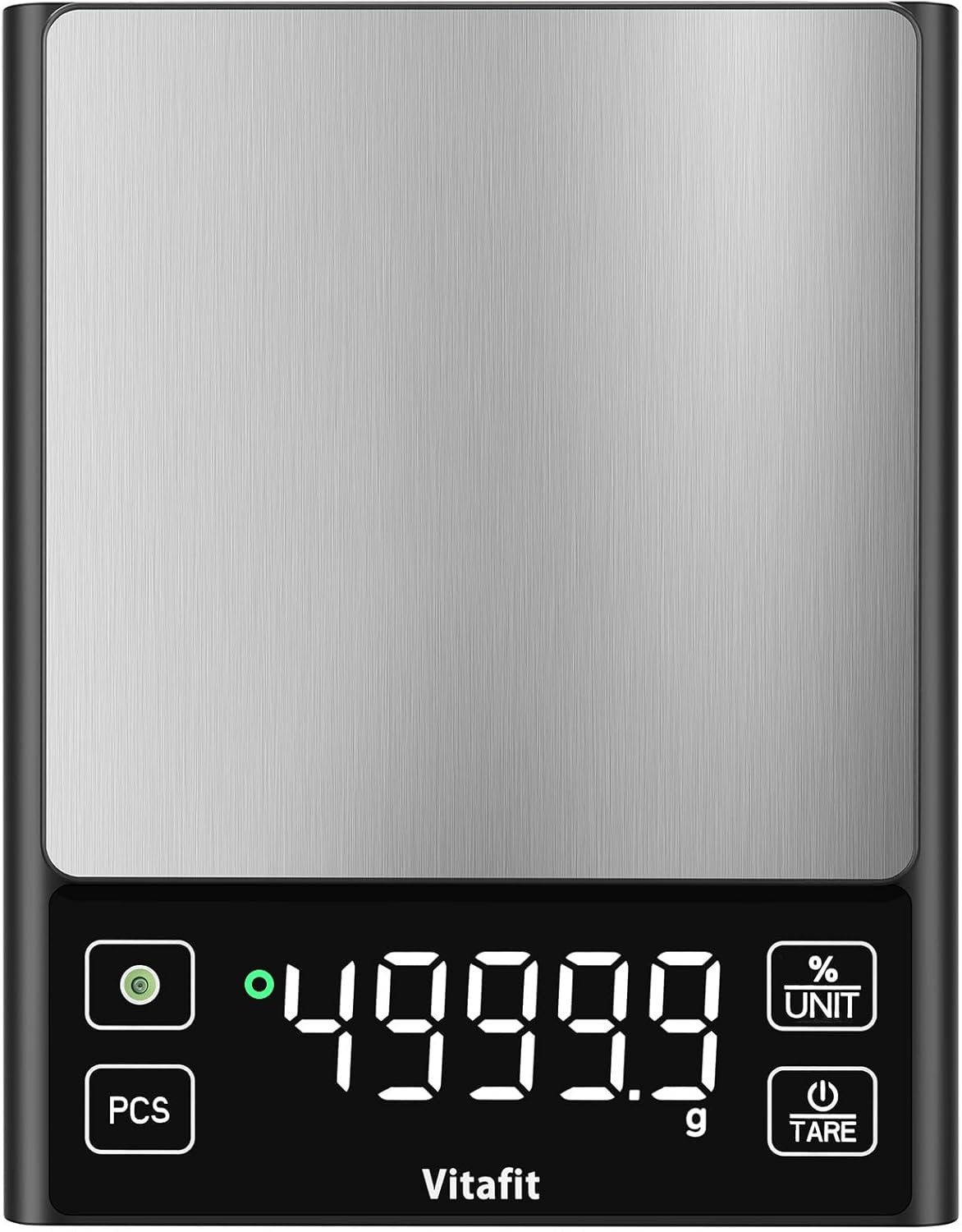Vitafit 11lb Food Scale, High Accuracy 0.0001lb by Our Professional Scale Factory Since 2001, Digital Kitchen Scale with% Percentage Function for Cooking, Baking & Coffee, Stainless Steel, LED, Black