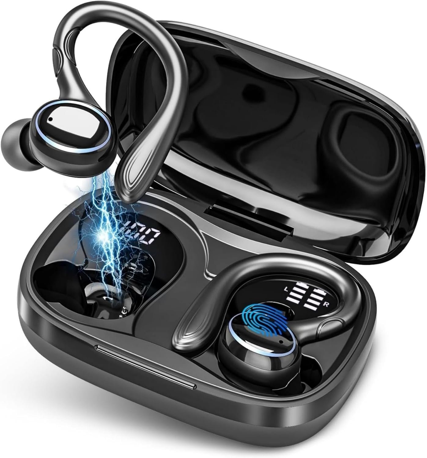 Wireless Earbuds Bluetooth 5.3 Headphones Stereo Ear Buds, ENC Noise Cancelling Mic,IPX7 Waterproof Earphones with Hook for Android iOS Smart Phone Laptop Computer Sports – Black