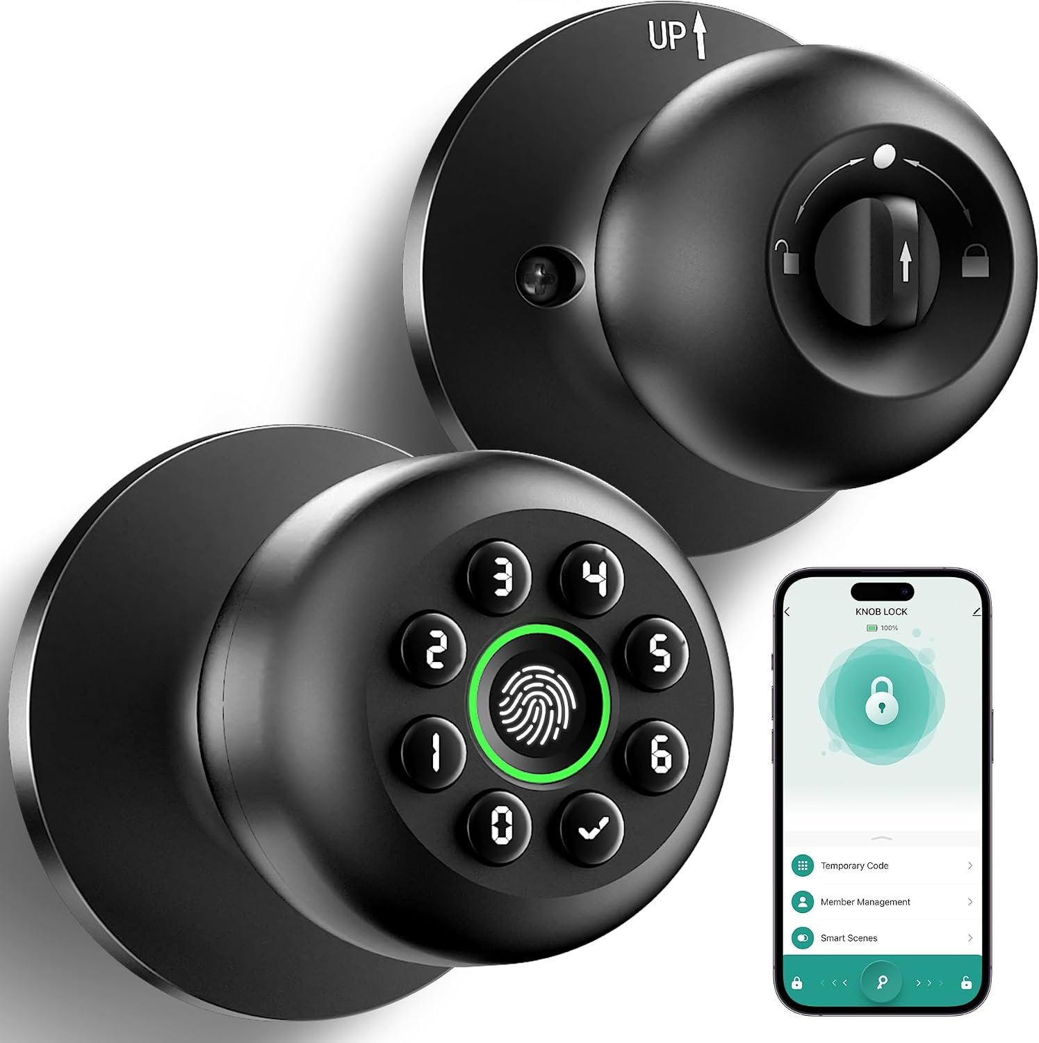 Fingerprint Door Lock, Smart Fingerprint Door Knob with Keypad, Biometric Door Lock with App Control, Auto Lock Door Lock with Code, Keyless Door Knob with Lock for Bedroom, Home-K10plus Matte Black