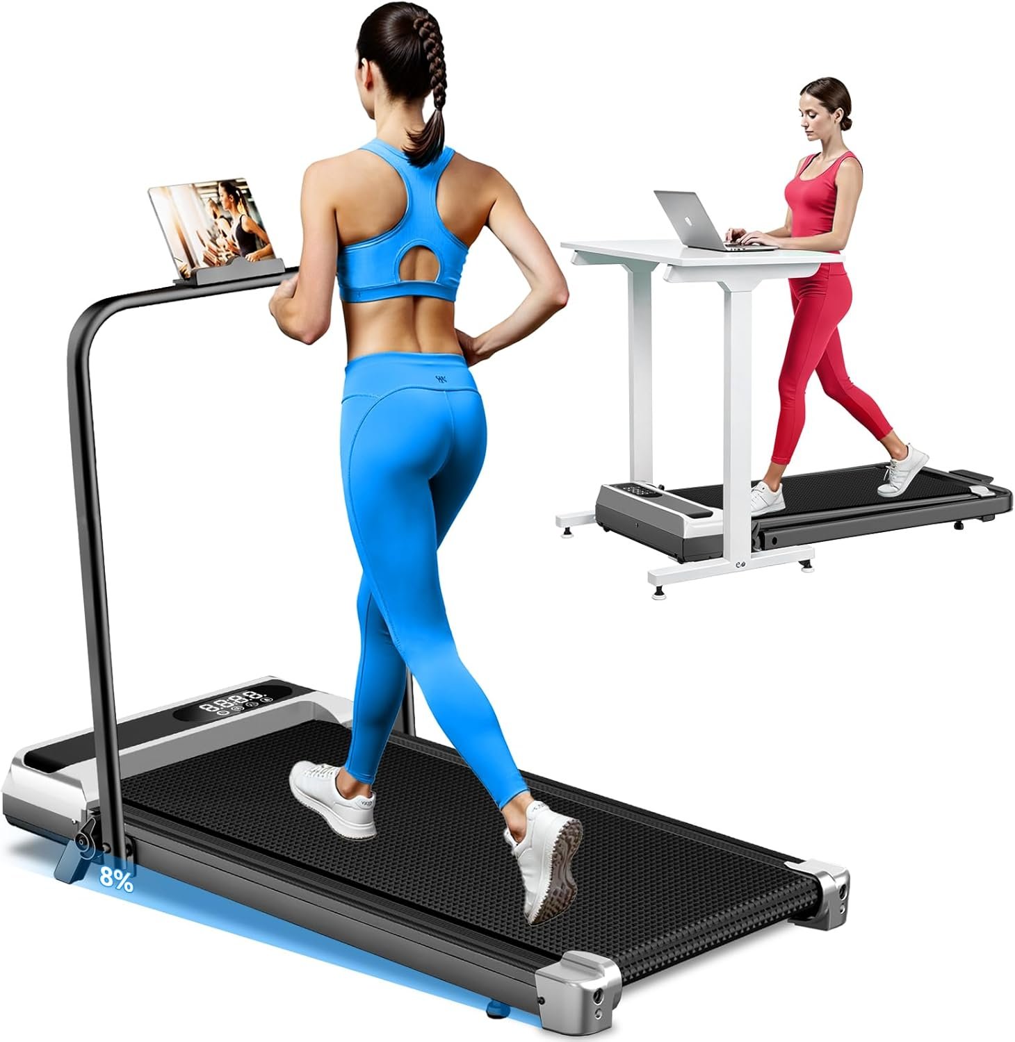 Walking Pad Treadmill with 8% Incline for Home Office,3.0HP Low Noise Portable Folding Under Desk Treadmill with Remote Control,Jogging Running Machine,350 Lbs Capacity,LED Display,Handle Bar