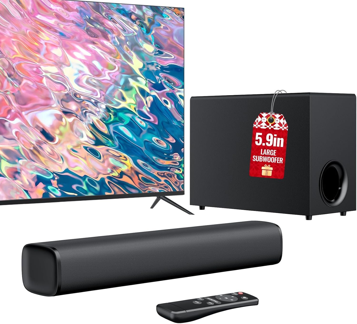 vibeadio Upgraded Sound Bar for TV with 5.9″ Powerful 110W Subwoofer, 2.1 CH Surround Sound System, Bluetooth 5.4, ARC/Optical/AUX, Deep Bass Home Theater Audio for PC, Gaming, Projectors & Gifts