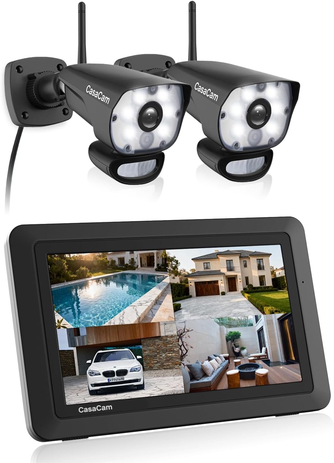 CasaCam Wireless Security Camera System Air | 7″ Touchscreen Monitor with 2 Spotlight HD Cameras | AC Powered, Two-Way Audio, Free APP, SD Card and Battery Installed, Model VS1002