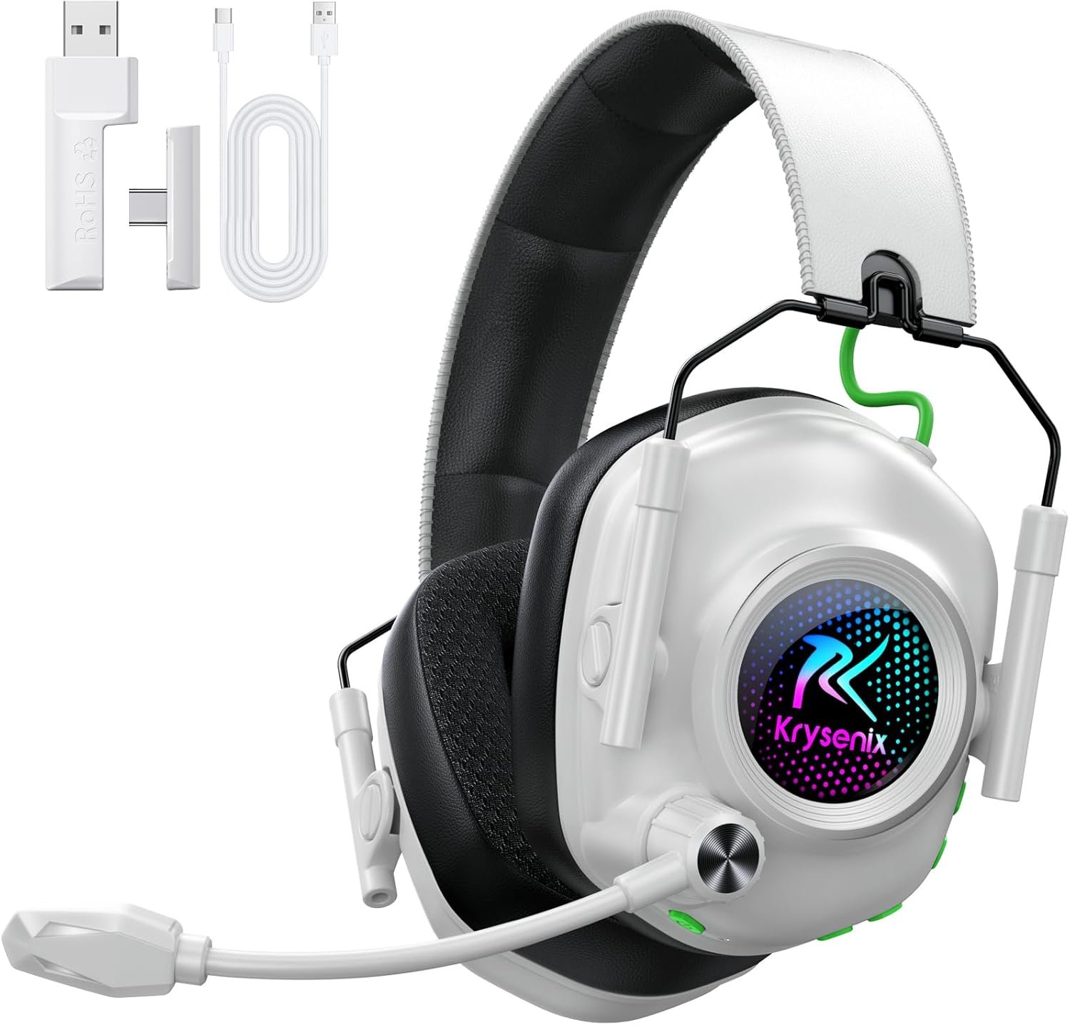 Krysenix Wireless Gaming Headset for PS5 & PC, 50mm Titanium Drivers, Low-Latency 2.4GHz & Bluetooth, Adjustable Noise-Cancelling Mic, Foldable RGB Over-Ear Headphones – White