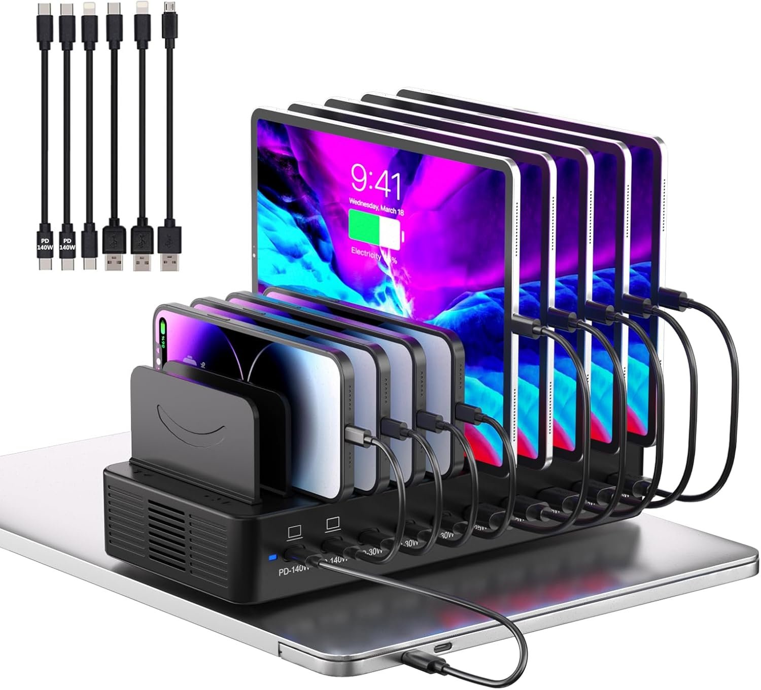 620W Charging Station for Multiple Devices, 10-Port USB C Fast Charger Station, Dual 140W PD3.1 PPS Charging Dock with Adjustable Dividers & 6 Cables – for Laptop MacBook, iPhone, iPad