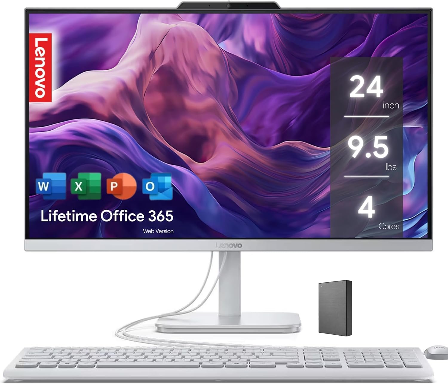 Lenovo IdeaCentre Everyday Tasks 24″ Full HD All-in-One Desktop Computer • Office 365 for the Web • Intel 4-Cores • 256GB SSD • 8GB RAM • KB and Mouse • Windows 11