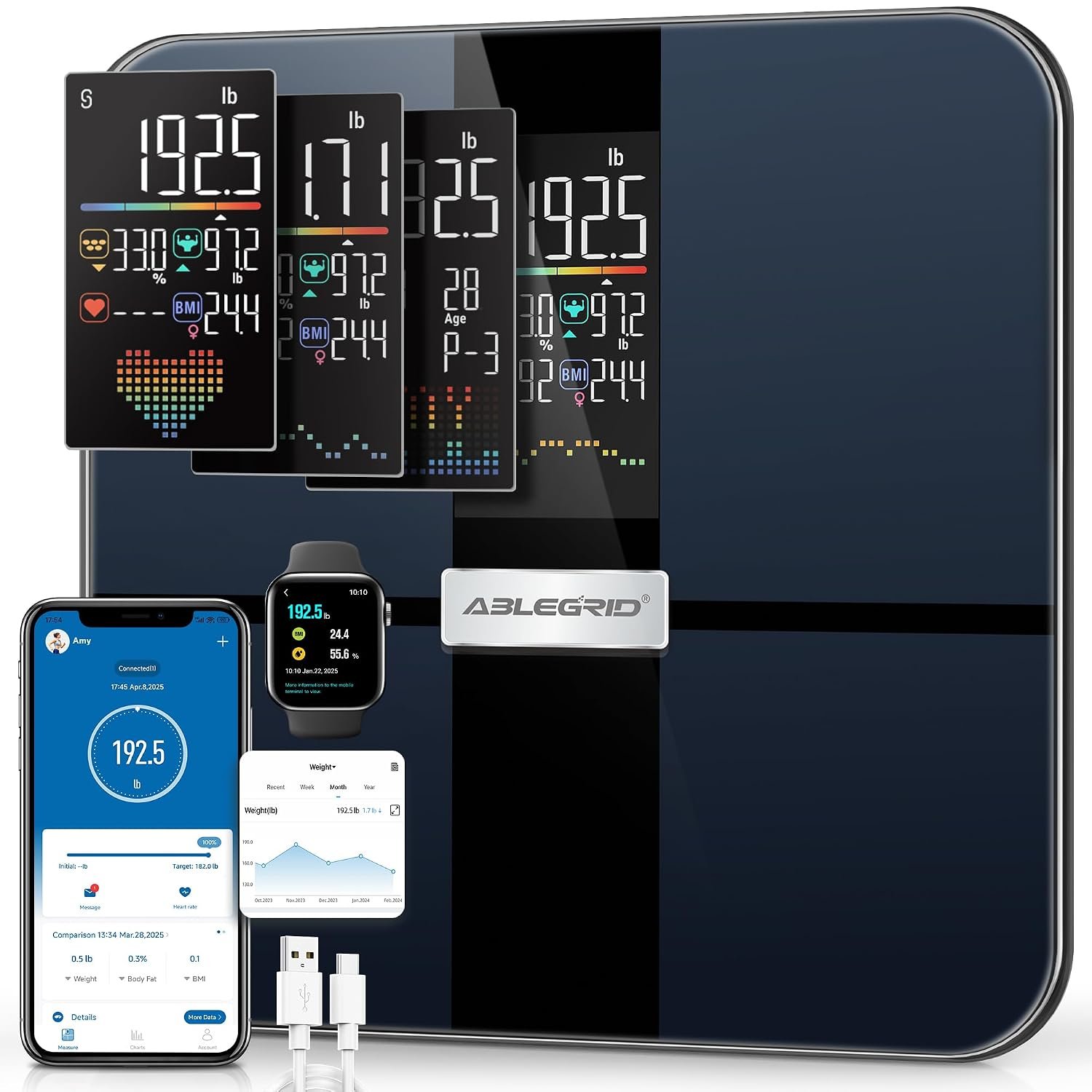 ABLEGRID Smart Body Fat Scale, Rechargeable Digital Bathroom Scale for Body Weight, Gradient Trends and Difference in Change Display, 22 Body Metrics, BMI, Muscle Mass, Heart Rate, Water Weight, 400lb