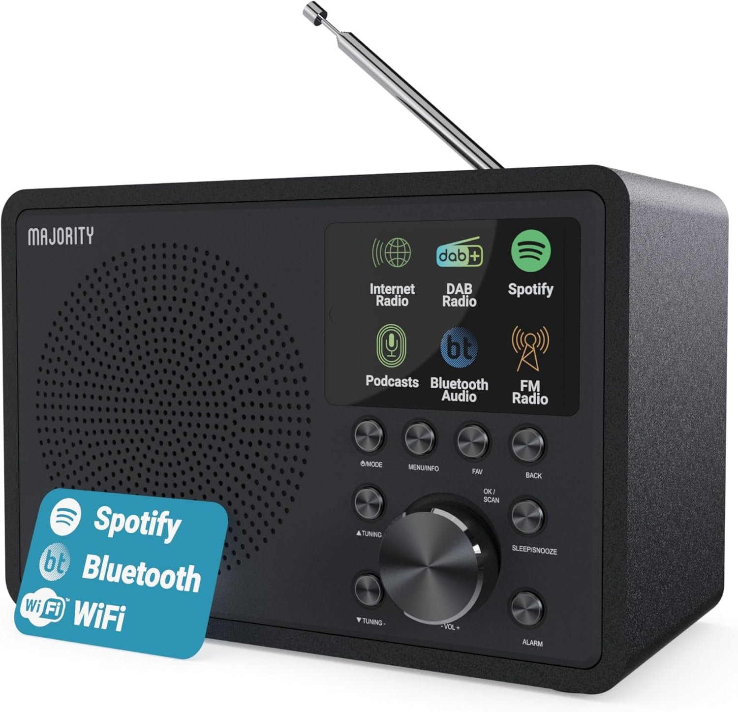 Internet Radio for Home with WiFi and FM | DSP Speaker Perfect for Bedroom, Kitchen, and Living Room Use | FM, Spotify Connect, Multi-Alarm, Frontier Oktiv App Control | Majority Touro