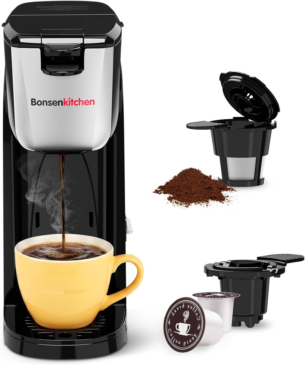 Bonsenkitchen 2-in-1 Single Serve Coffee Maker for K Cup & Ground Coffee, Fast Brewing (6-14oz),One Cup Coffee Machine with Travel Mug,Space-Saving for Home，Office，Dorm