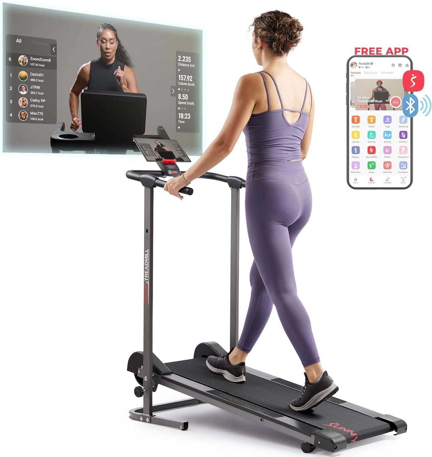 Sunny Health & Fitness Manual Walking Treadmill, Non-Electric, Foldable & Compact Design, Quiet Tread Pad, Transportation Wheels, Non-Slip Handlebars, Digital Monitor for Apartment, Gym, Home Office