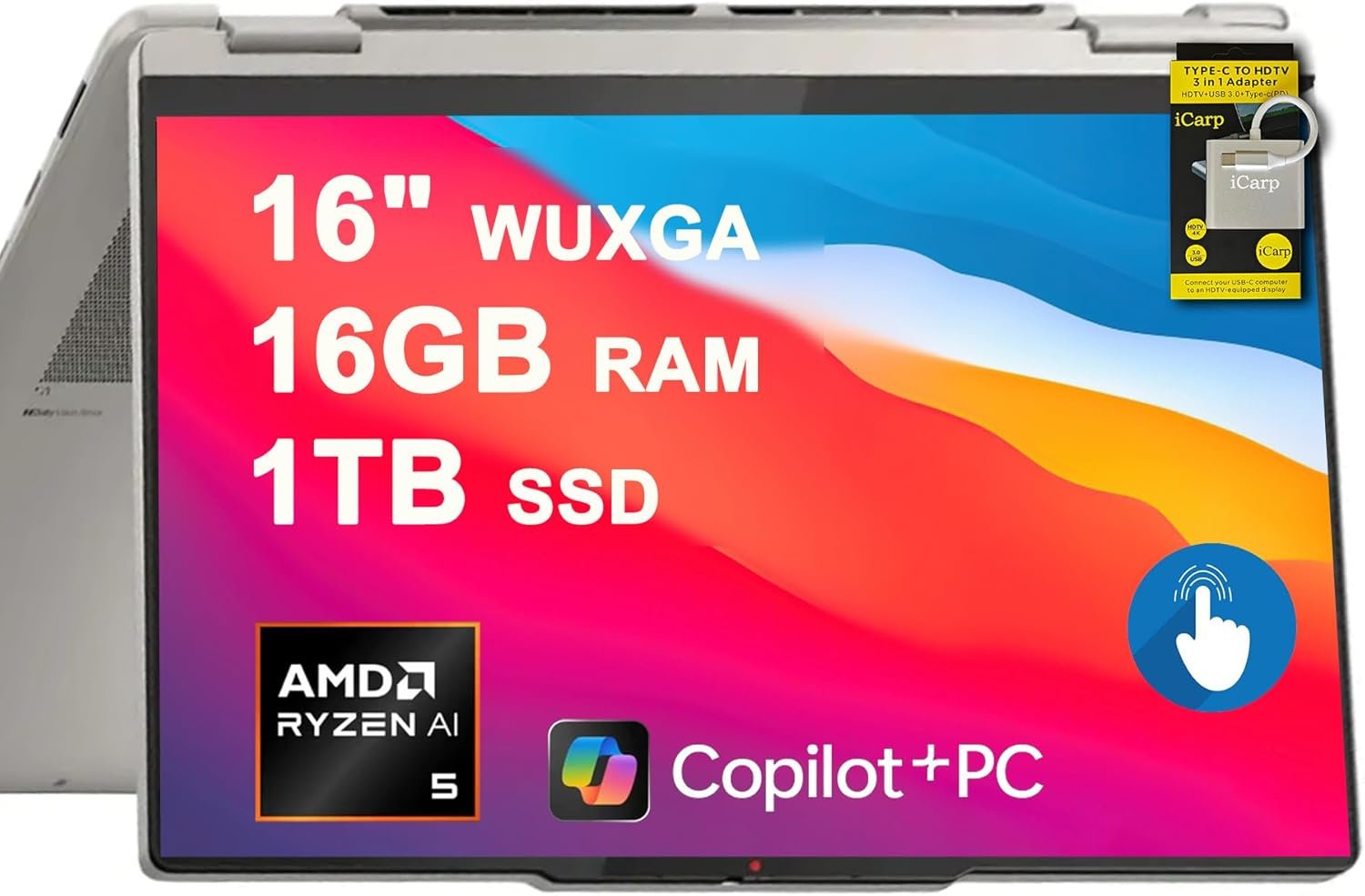 Lenovo Yoga 7 2-in-1 Laptop 16″ WUXGA IPS Touch (Glossy Anti-Fingerprint) AMD 6-core Ryzen AI 5 340 (Up to 50 Tops) 16GB RAM 1TB SSD Pen for Creator Business Professional Win11 ICP Hub