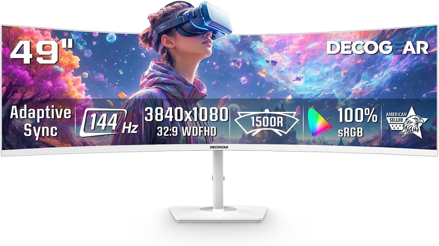 Deco Gear 49″ Curved Ultrawide Gaming Monitor, 144Hz DFHD 3840×1080 32:9 VA Display, 1ms MPRT, Adaptive Sync, HDR, 1800R, PIP/PBP, 2 HDMI 2 DisplayPort, White Display for PC & Laptop