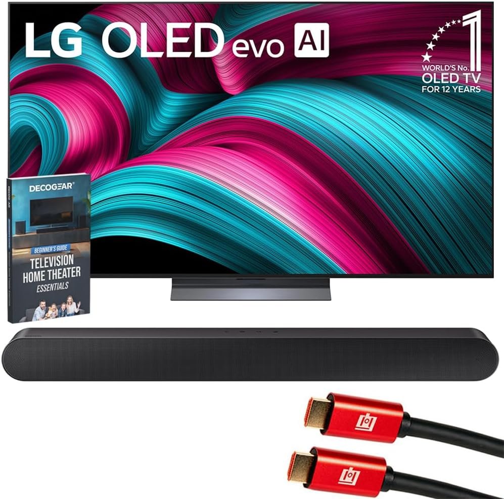 LG 65 Inch C5 Series OLED evo 4K UHD Smart webOS TV (2025) OLED65C5PUA Bundle with Samsung 3.0ch All-in-One Soundbar, 2X HDMI Cable and Deco Gear Home Theater Beginner’s Guide