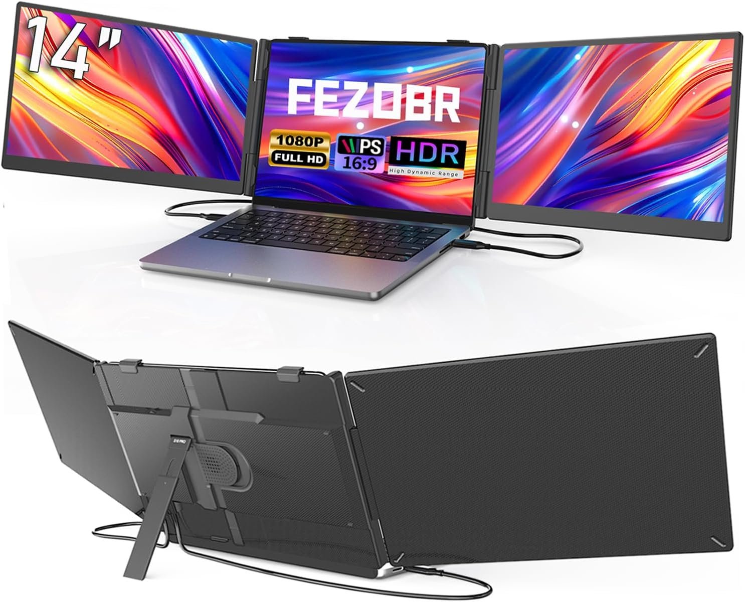 Laptop Screen Extender, 14″ Ultra-Slim Triple Portable Monitor, 1080P FHD IPS Display, USB-C/HDMI Plug & Play, Monitor Extender for 13-17.3″ Laptops, Mac/Windows/Chrome