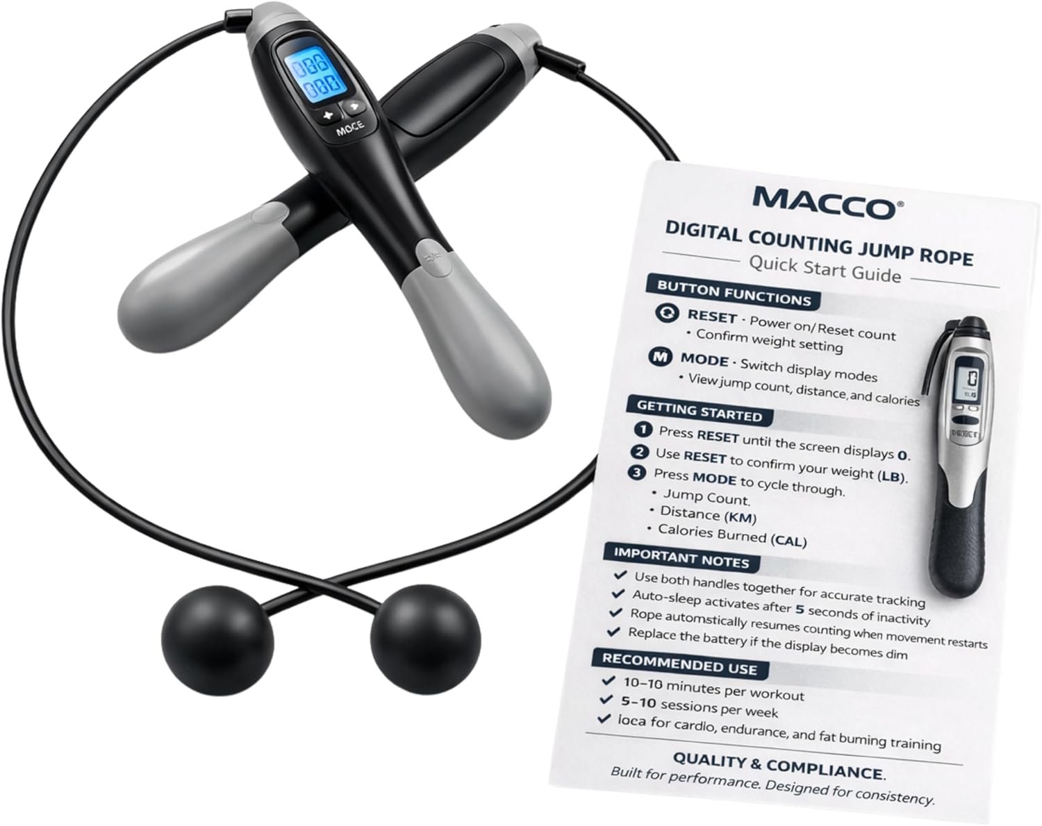 Cordless Digital Jump Rope (2 Handles) – Adjustable Counter, Low Impact Fitness Tool for Home, Rehab & Beginners – Tracks Jump Count & Effort – Unisex by MACCO