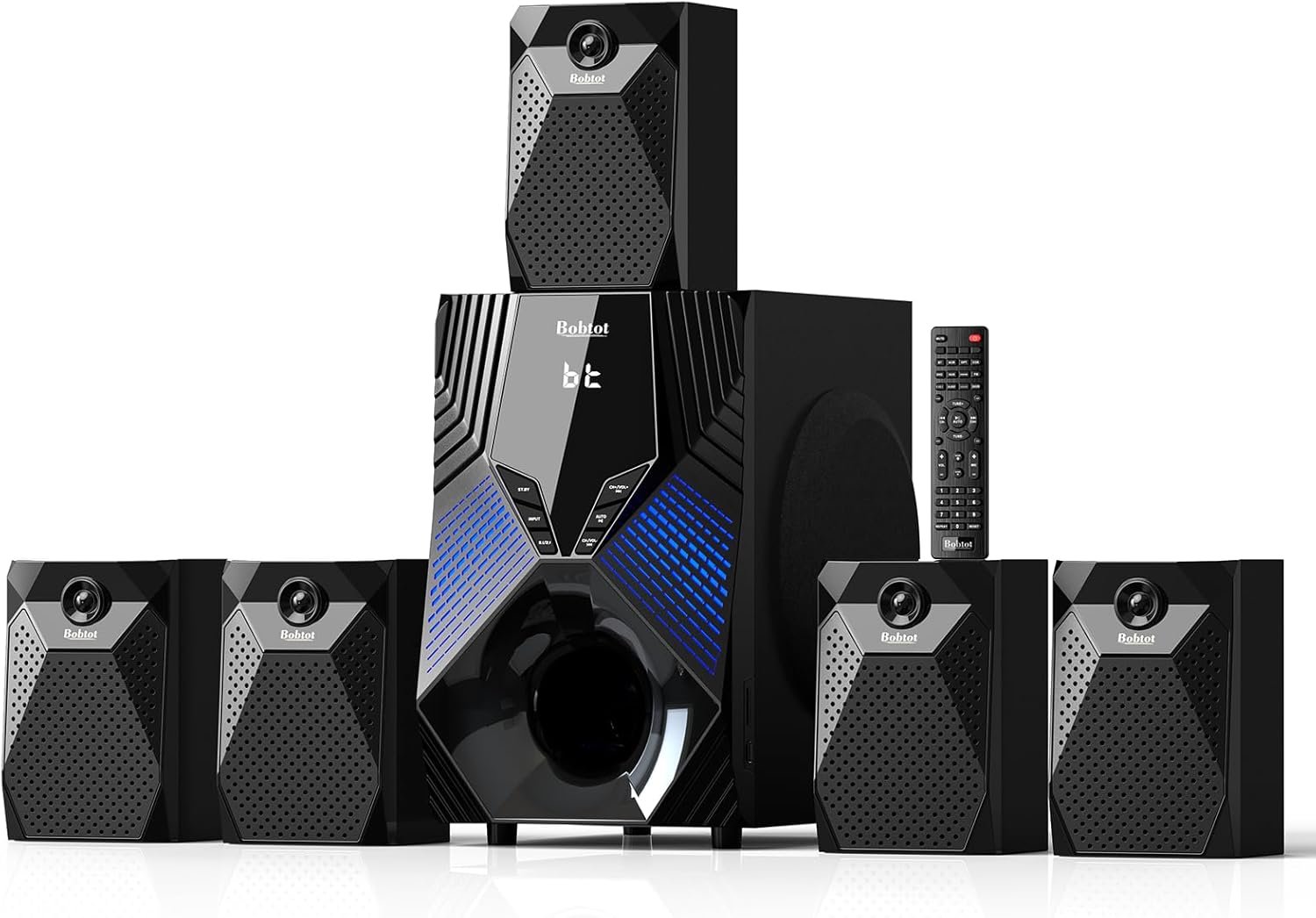 Bobtot Home Theater System, 1000 Watts Peak Power Surround Sound Systems 5 Wired Satellite Audio Speakers 8″ Subwoofer 5.1/2.1 Channel Deep Bass with ARC Optical Bluetooth AUX Input