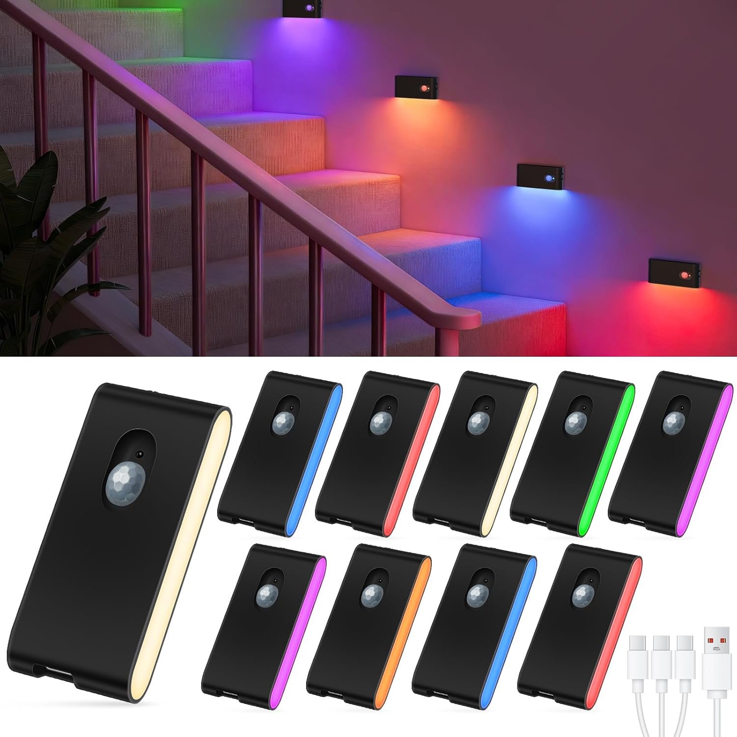 WILLED Motion Sensor Light Indoor, RGB & Warm White Motion Sensor Night Light, Rechargeable Stair Lights Indoor, Color Changing Night Light for Stair,Hallway,Bathroom,Cabinet,Kitchen,10 Pack