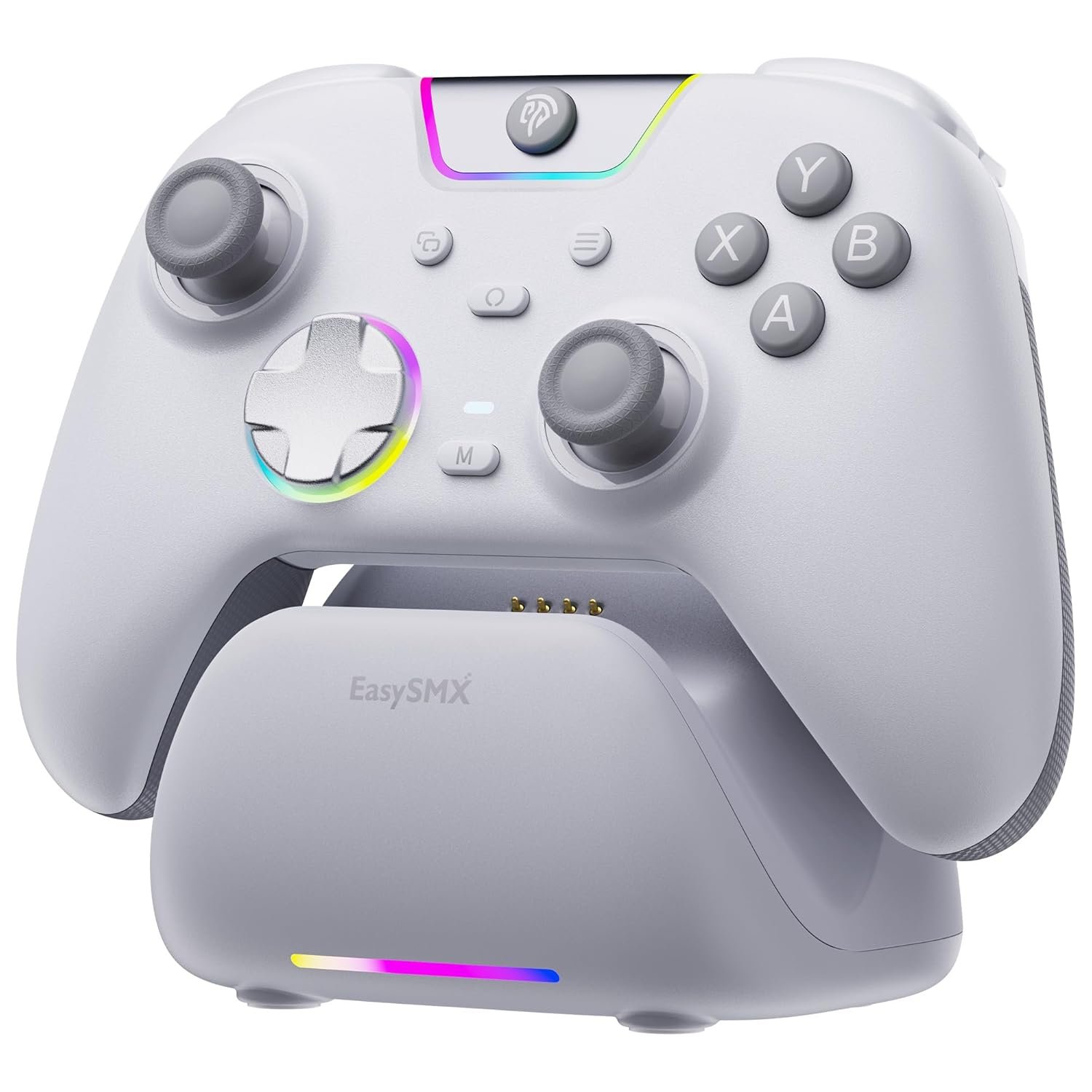 EasySMX X05Pro Wireless PC Gaming Controller with Smart Charging Dock – Full Quiet Buttons, Dual-Stage Linear Triggers, 8-Way D-Pad, Programmable Buttons, Hall Effect Joysticks, 1000mAh Long Battery Life, 1000Hz Polling Rate, Compatible with PC/Switch/Android/iOS, White.