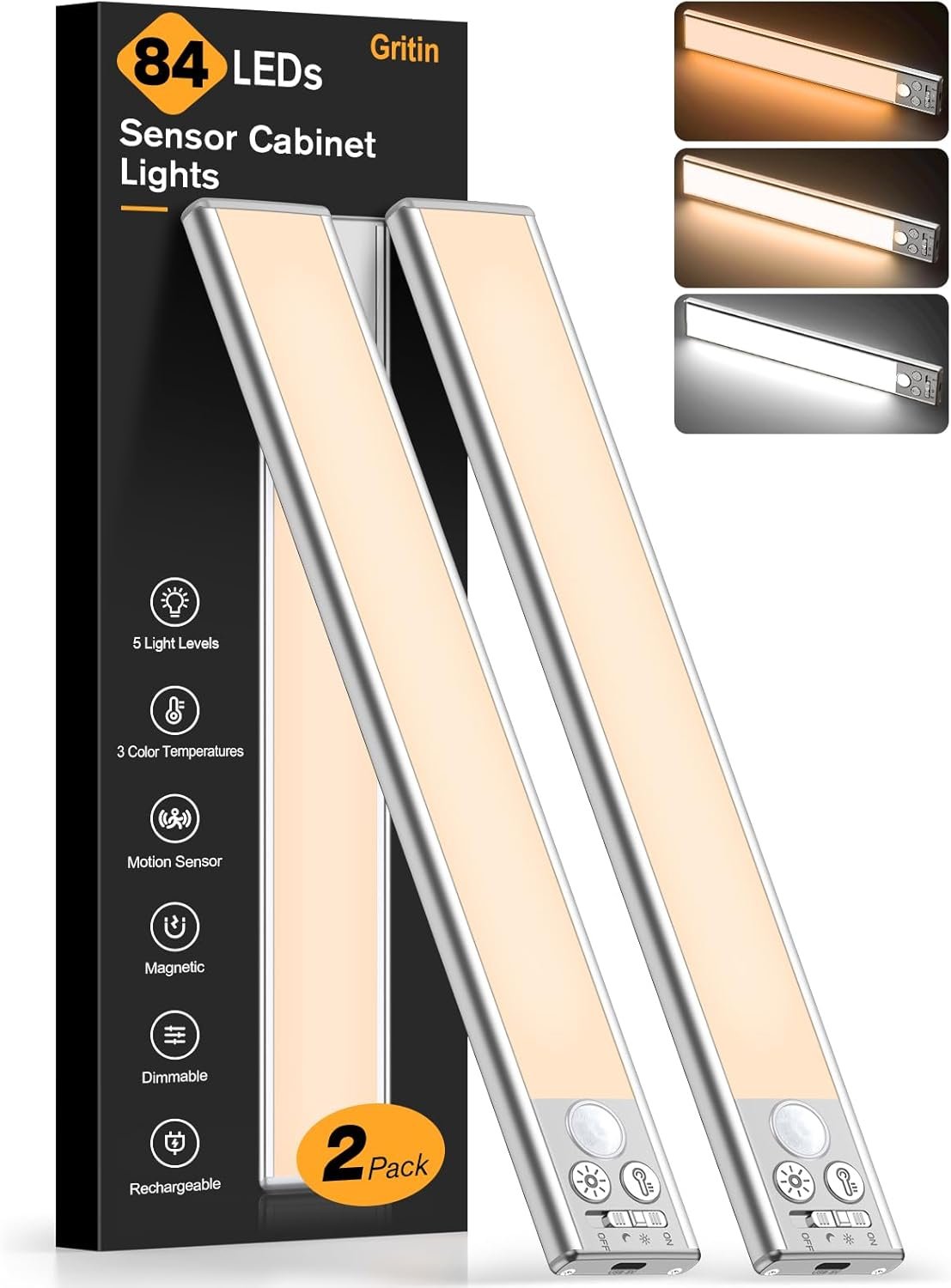 Gritin 10.2inch Under Cabinet Lighting Rechargeable 2 Pack- 3 Color Temps&5 Level Brightness, Super Bright, 4 Modes, Motion Sensor, Long Lasting – Easy Installation Magnetic Under Closet Lights