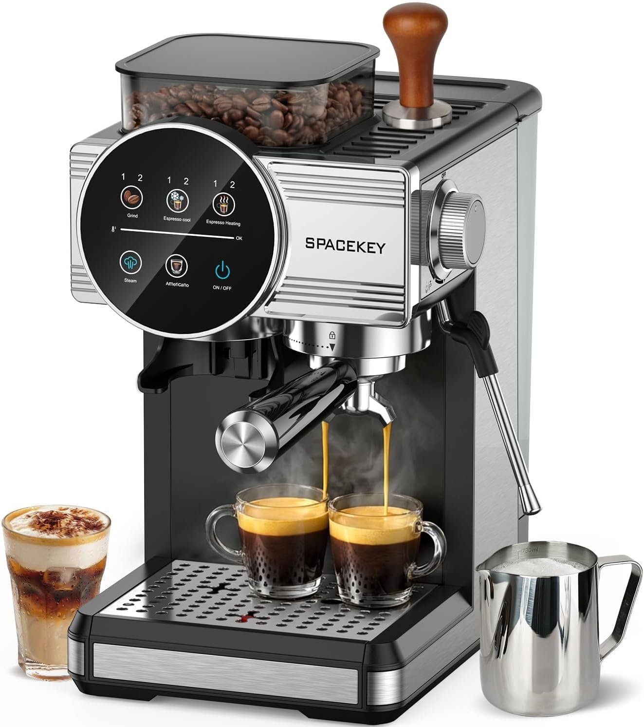 Spacekey Espresso Coffee Machine with Grinder, Milk Frother, Cold Brew, 20 Bar | Coffee Maker with 30 Grind Settings, 60oz Removable Tank, Home Barista Kit for Lattes, Cappuccinos, Americano