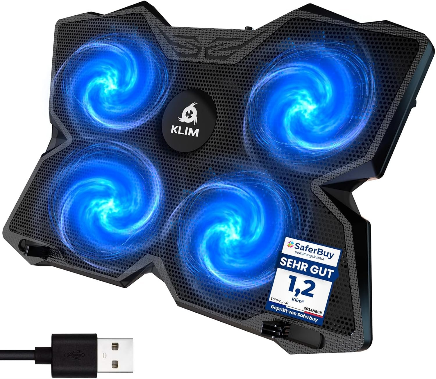 KLIM Wind Laptop Cooling Pad – More Than 500 000 Units Sold – New Version – The Most Powerful Rapid Action Cooling Fan – Laptop Stand with 4 Cooling Fans at 1200 RPM – USB Fan – PS5 PS4 – Blue