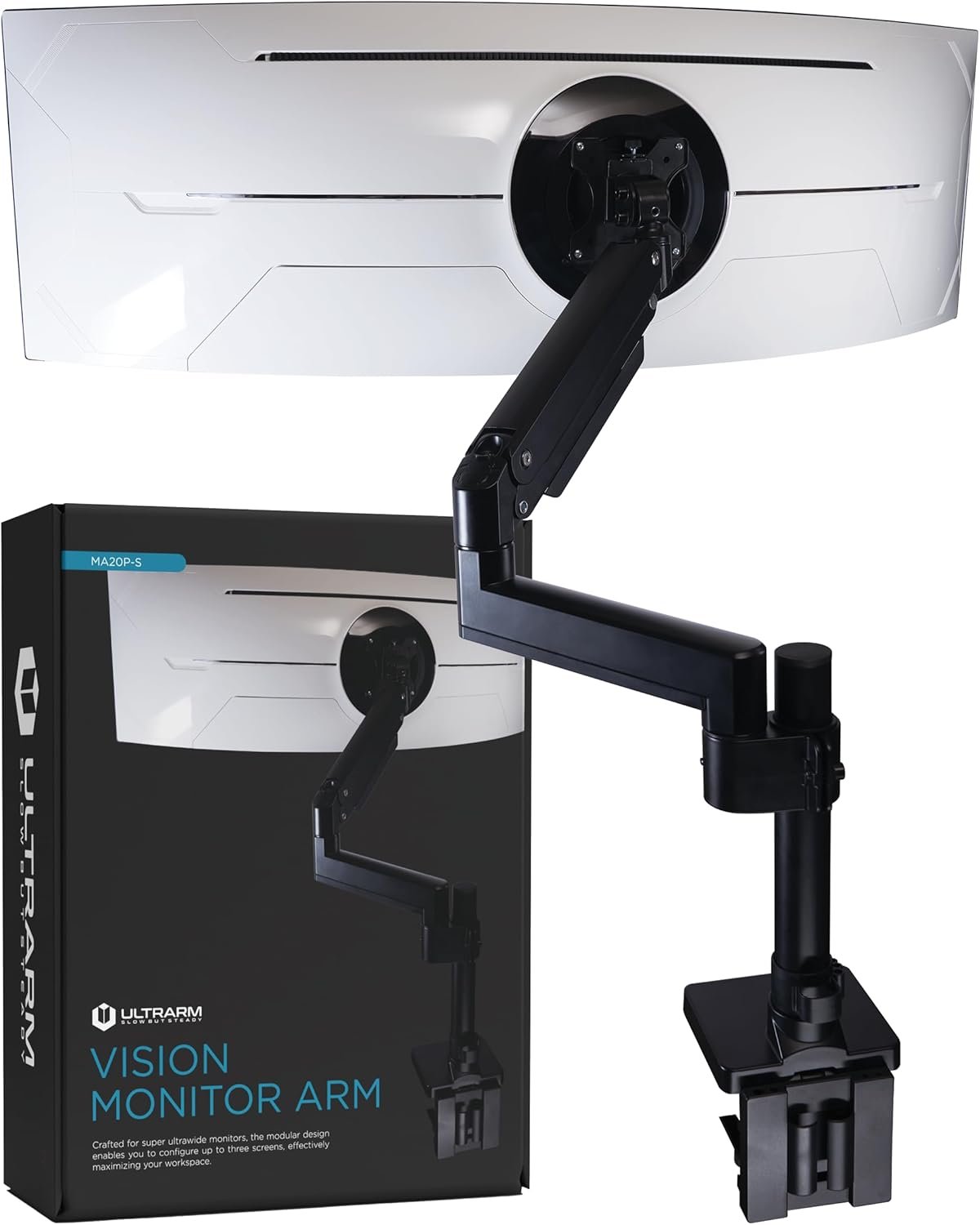 ULTRARM Heavy Duty Monitor Arm for Ultrawide Monitors up to 57″ and 44 lbs, Single Desk Stand, Pneumatic Height Adjustable, Modular Extension Arms – Max VESA 100×100, Black, MA20P-S