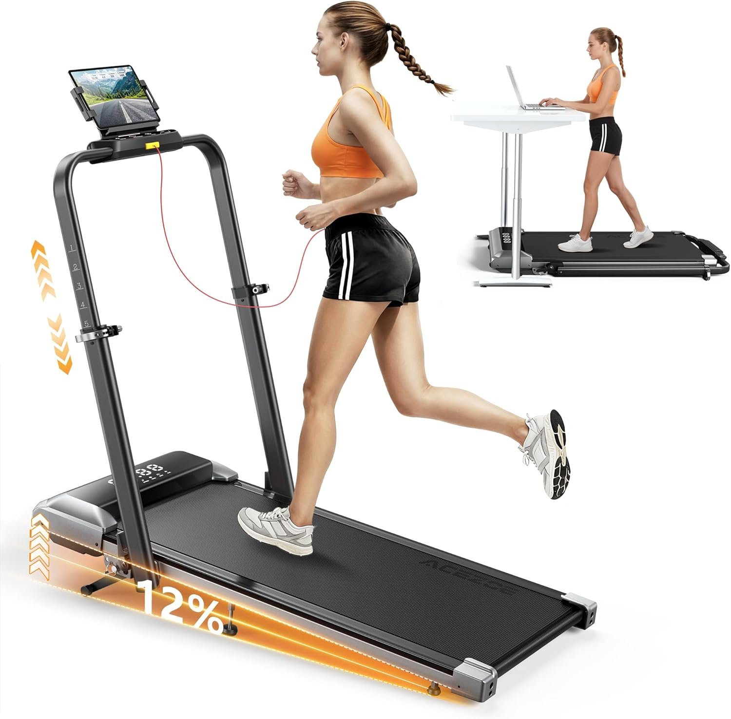 Acezoe Walking Pad with 12% Incline & Height-Adjustable Handlebar, 5-in-1 Foldable Treadmill for Home & Office, Portable Under Desk Treadmill with LED Display & App Control