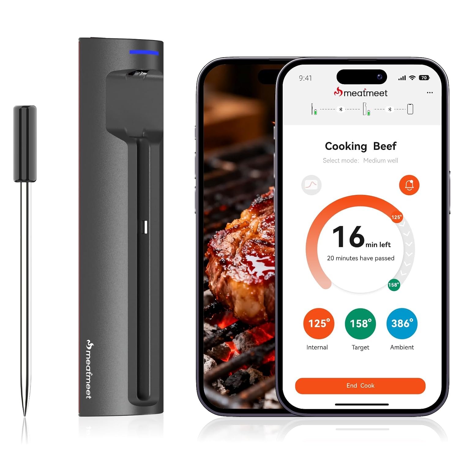 WiFi Wireless Bluetooth Meat Thermometer Digital, Smart AI Powered Cooking Thermomer with APP Control, IP67 Waterproof Meat Probe for BBQ, Oven, Grill, Smoker (Pro)