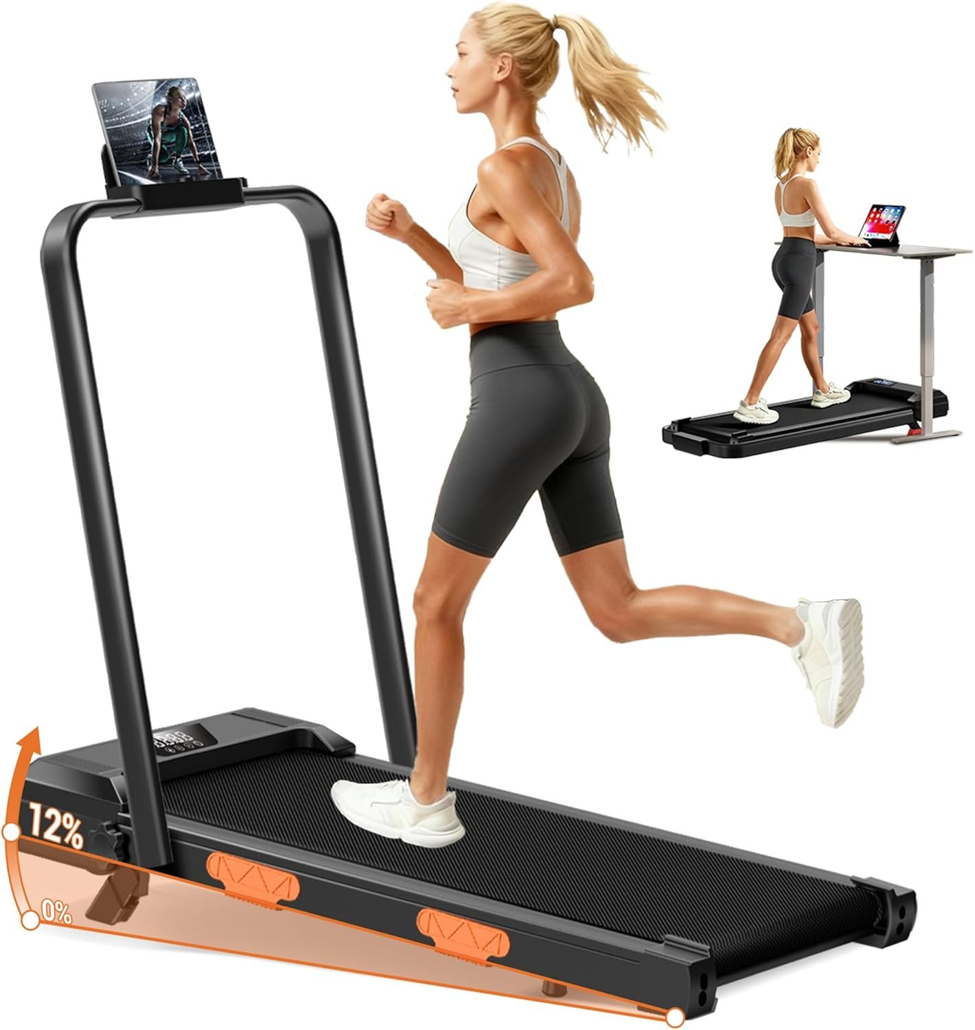 CURSOR FITNESS 3-in-1 Walking Pad Treadmill with 12% Incline 2.5HP Foldable Treadmills for Home with Handle Compact Small Quiet Under Desk Walking Treadmill 300LBS