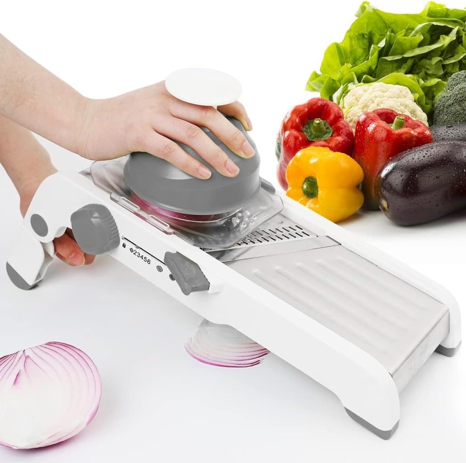 ZKIRON Large Mandoline Slicer for Kitchen – Professional Stainless Steel Onion Slicer & Cabbage Shredder, Integrated 2-in-1 Blade for Waffle & Smooth Cuts, Safety Hand Guard Included (Gray)
