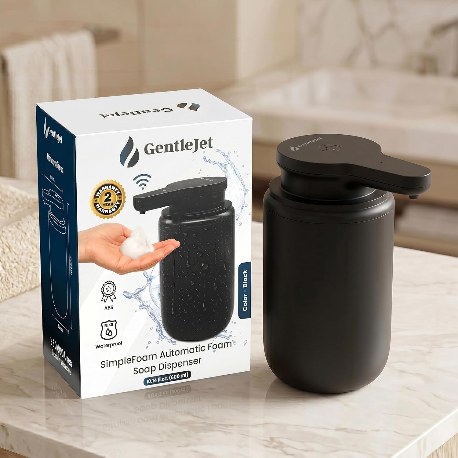 GentleJet SimpleFoam Automatic Foaming Soap Dispenser Touchless Sensor, USB-C Rechargeable, IPX5 Waterproof, Dual Output for Bathroom Kitchen Sink, ABS Compact Design