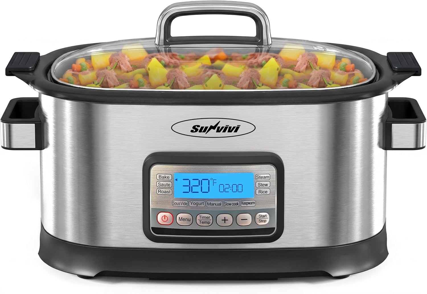 Sunvivi Slow Cooker Roaster Oven 6.5 Quart, 11 in 1 Programmable Multi-Cooker with Digital Timer, Temp Control, Keep Warm, Removable Nonstick Pot & Dishwasher-Safe Glass Lid, Sliver