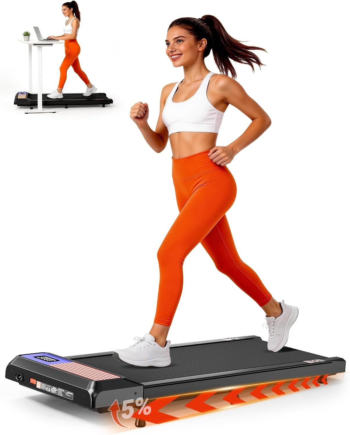 Walking Pad Treadmill with 5% Incline, Under Desk Treadmill for Home Office, 2.5HP Quiet Portable Walking Pad, 265 lbs Capacity, Compact Treadmill for Small Spaces with 15″ x 35.4″ Belt