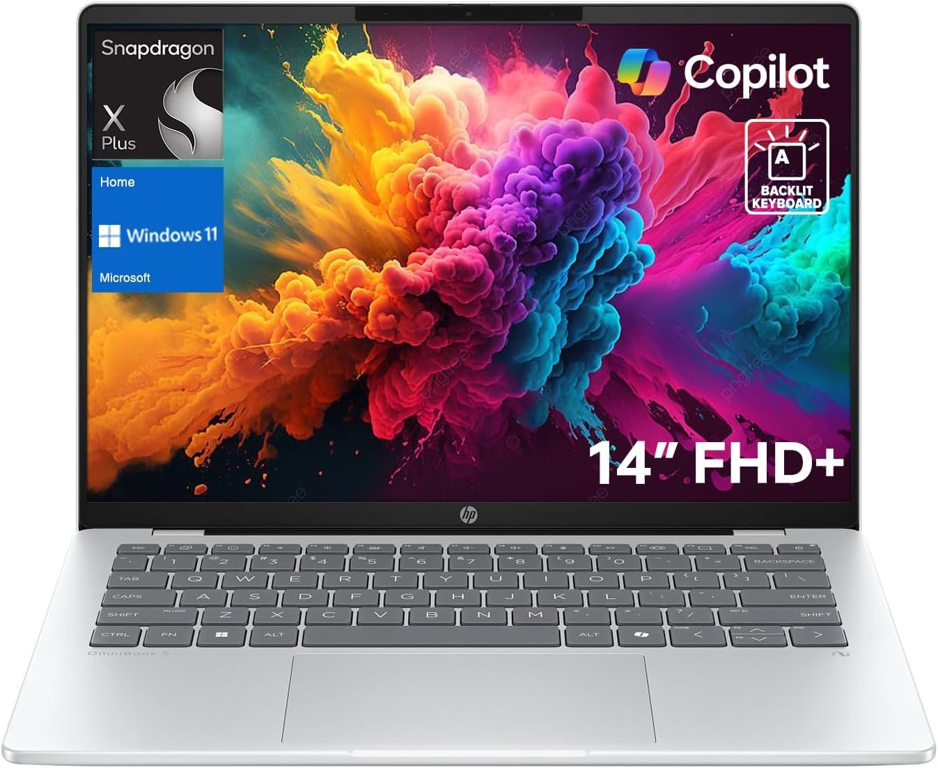 HP OmniBook 5 14″ Premium Laptop, Qualcomm Snapdragon X Plus X1P-42-100, 16GB RAM, 1TB SSD, Wi-Fi 6, Windows 11 Home, Backlit Keyboard, Webcam, Light & Portable for Business with Copilot AI, Silver