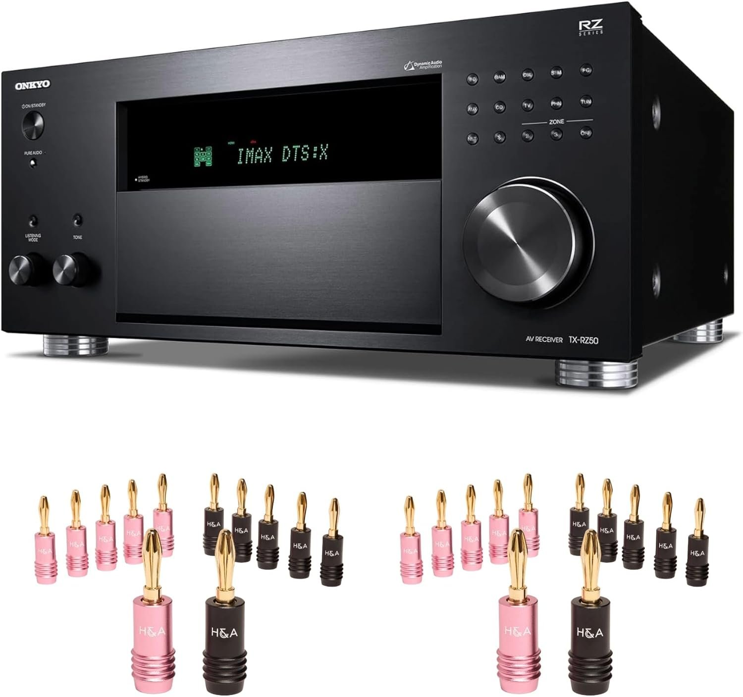 Onkyo TX-RZ50 9.2-Channel 8K/4K Network AV Receiver, 250W Per Channel at 6 Ohms + H&A Speaker Connector Banana Plugs, 12 Pairs