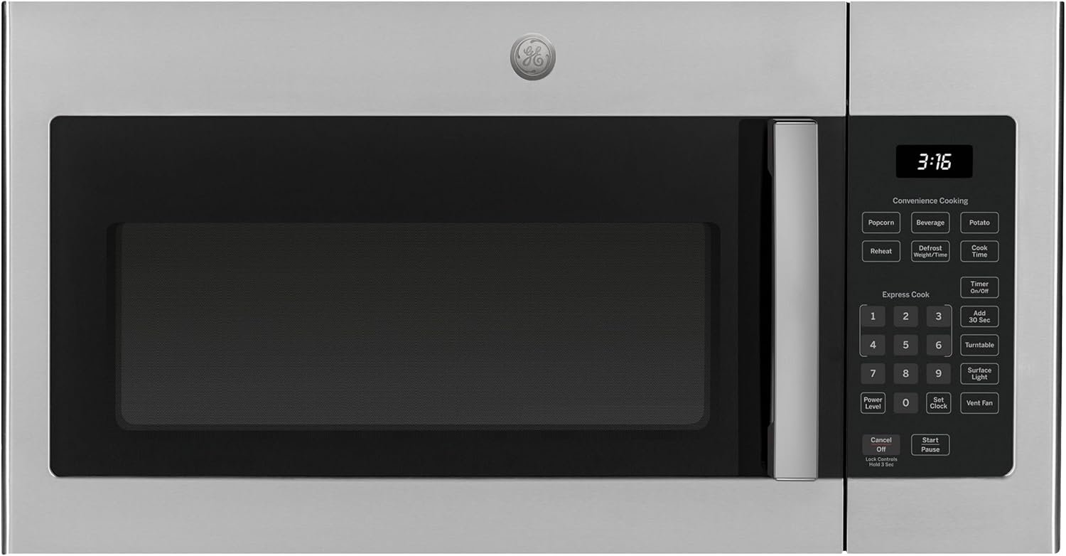 GE 30″ Over-the-Range Microwave, 1.6 Cu. Ft., 1000 Watts, 300 CFM Hood Vent, LED Lighting, Auto Defrost, Easy Mount Install, Stainless Steel, JVM3160RFSS