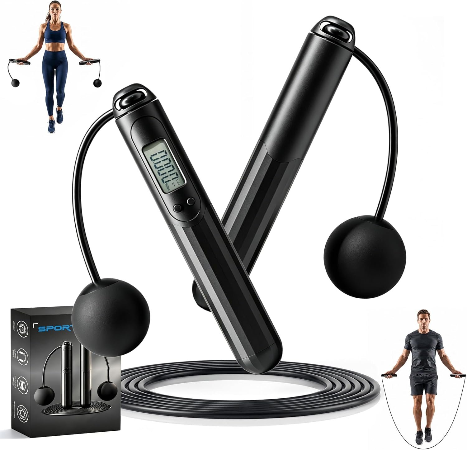 Jump Rope with Counter, 2 in 1 Weighted Cordless & Corded，Smart LCD Display Tracks Calories, Time & Jumps，Adjustable Length with Steel Ball Bearings for Home Gym, Fat Burning, Boxing, HIIT，For Men & Women