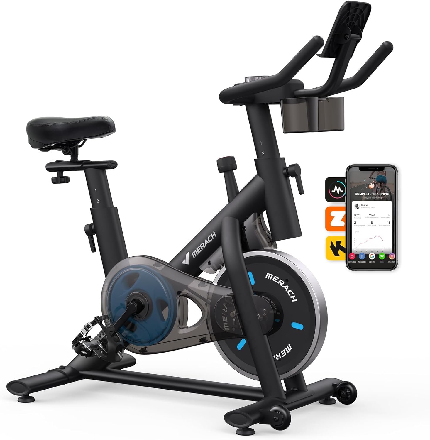 Merach Exercise Bike, Magnetic Friction Stationary Bike with Brake Pad and Exclusive App, Low Noise Indoor Cycling Bike with 300lbs Weight Capacity, Tablet Mount and Fitness Courses for Weight Loss