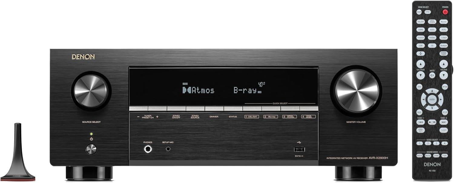 Denon AVR-X2900H 7.2 Channel AV Receiver, 95W, Dolby Atmos & DTS:X, 8K/60Hz & 4K/120Hz Video, HEOS Wireless Multiroom Streaming, Wi-Fi, Bluetooth, Audyssey MultEQ XT