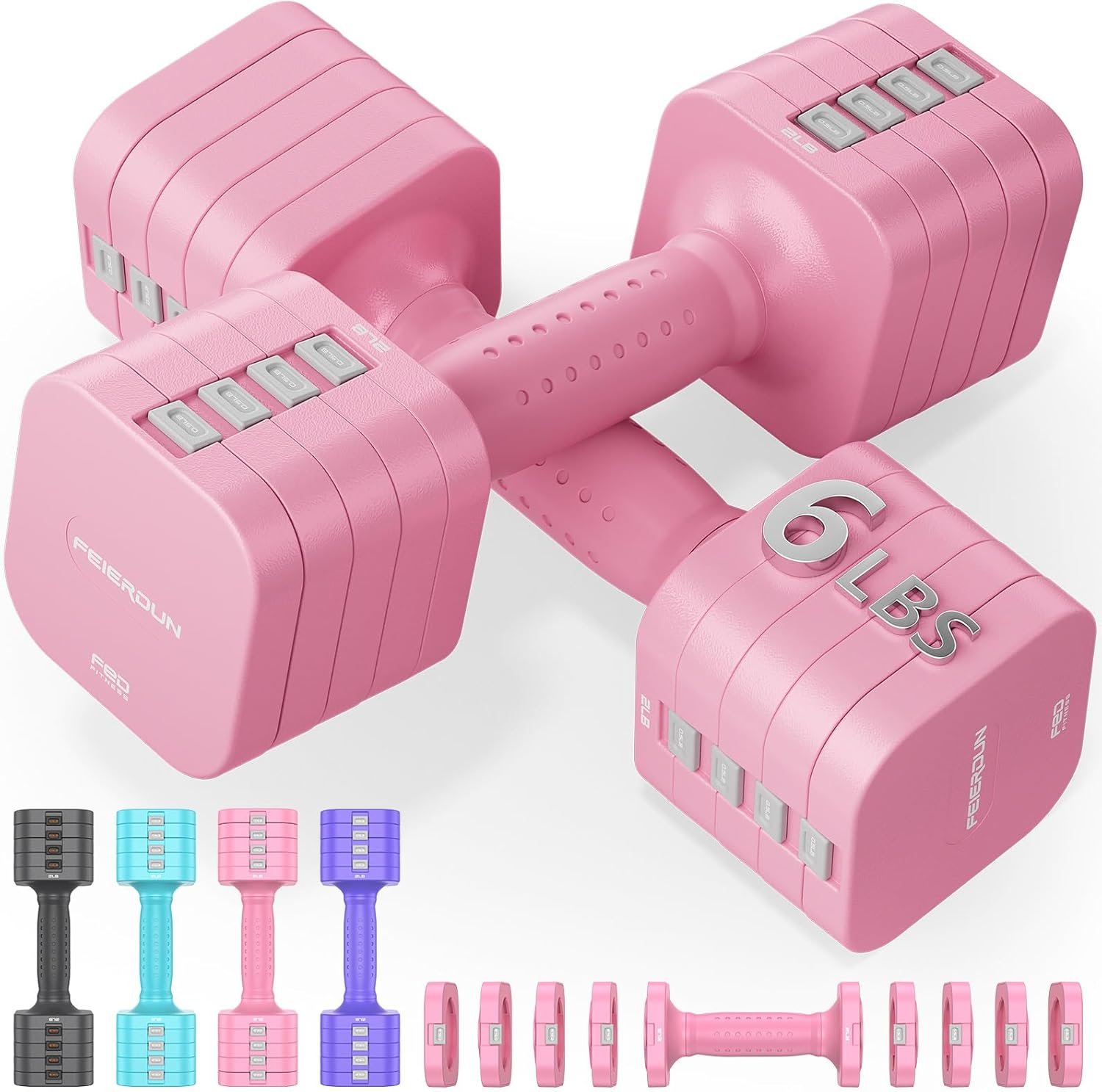 FEIERDUN DB3 5-in-1 Adjustable Dumbbell Set, 6LB/10LB Pair Adjustable Weights for Women at Home, Dual Locking Stable Hand Weights with TPU Soft Handle, Home Gym, Rehab, Pilates, Yoga, Strength Training