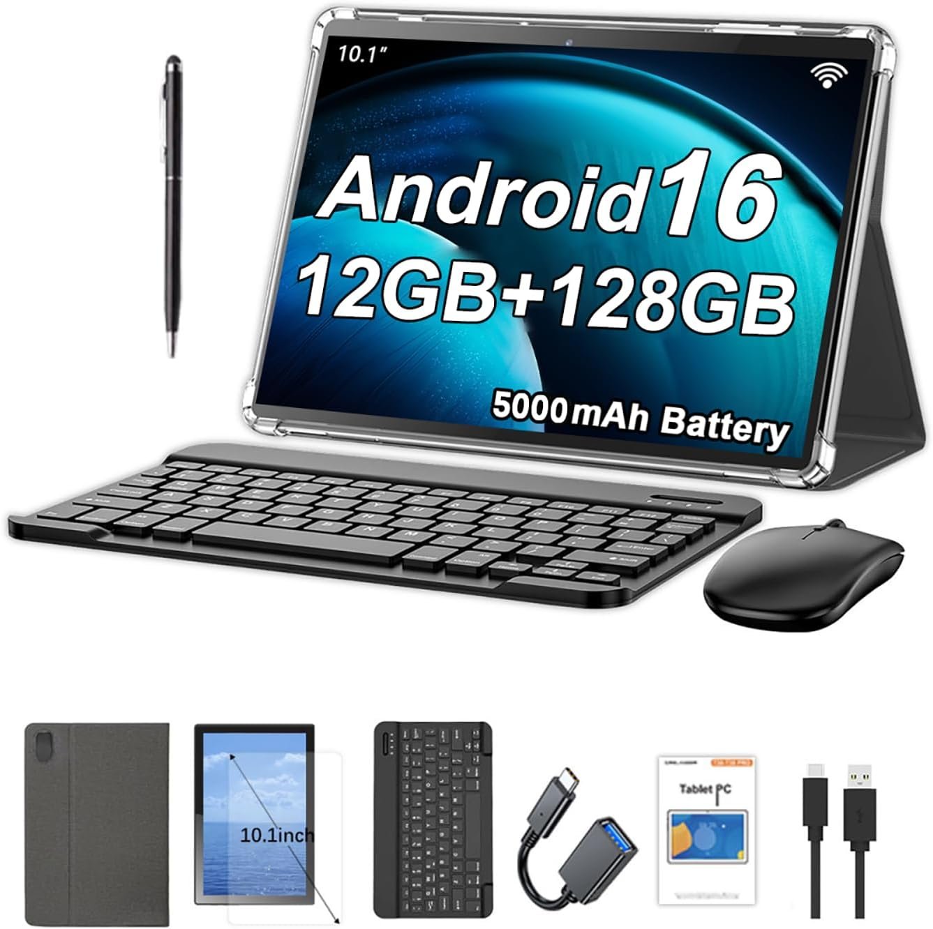 Crelander 10.1 Inch Android 16 Tablet, 12GB+128GB Android Tablet, 5000mAh Battery, 1280×800 Touchscreen, WiFi/Bluetooth, Bundle with Case, Keyboard, Mouse & Stylus (Gray)