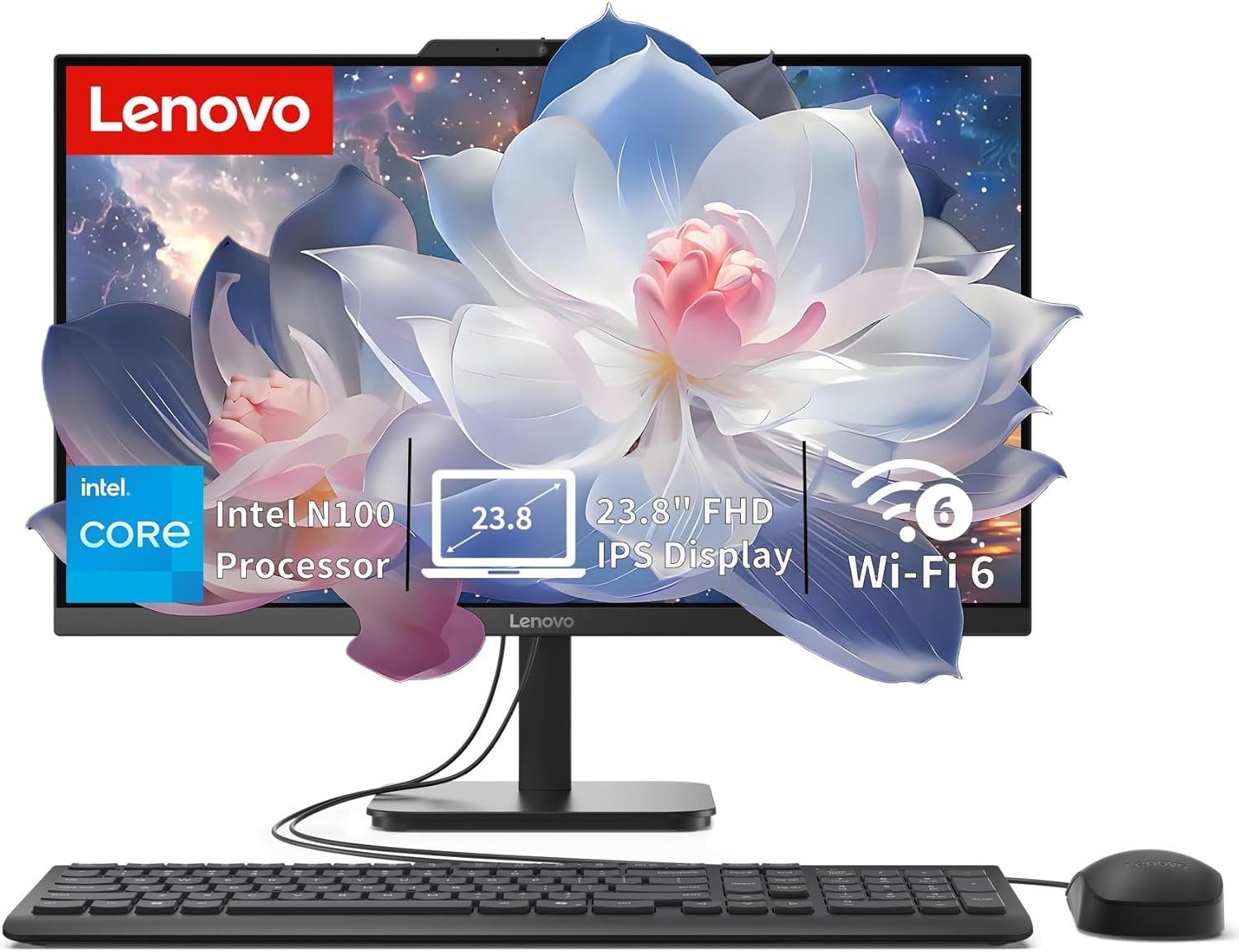 Lenovo V100 23.8″ FHD All-in-One Desktop Computer, Intel N100 Processor, 8GB RAM, 512GB PCIe SSD, Wi-Fi 6, Bluetooth 5.2, Anti-Glare IPS Display, Windows 11 Home, Everyday Use