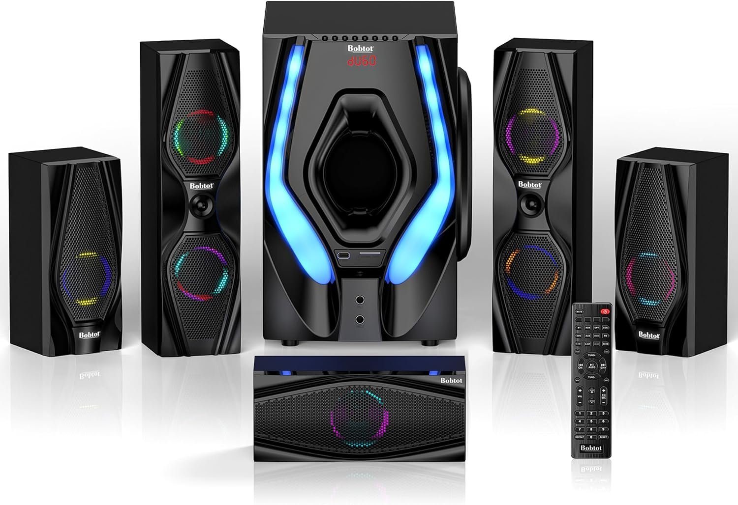 Bobtot Surround Sound Systems Home Theater System – 1200 Watts Peak Power 10″ Subwoofer 5.1/2.1 Wired Audio Stereo Speakers Strong Bass with ARC Optical AUX Bluetooth Input