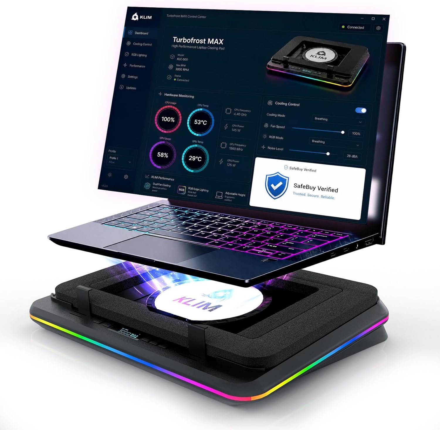 KLIM Turbofrost MAX – RGB Laptop Cooling Pad, Gaming Laptop Cooler with Powerful Turbofan XL, Fast Cooling Laptop, 15.6-17in, Smart Inlay System for Optimal Airflow, Adjustable Speed, LCD Screen
