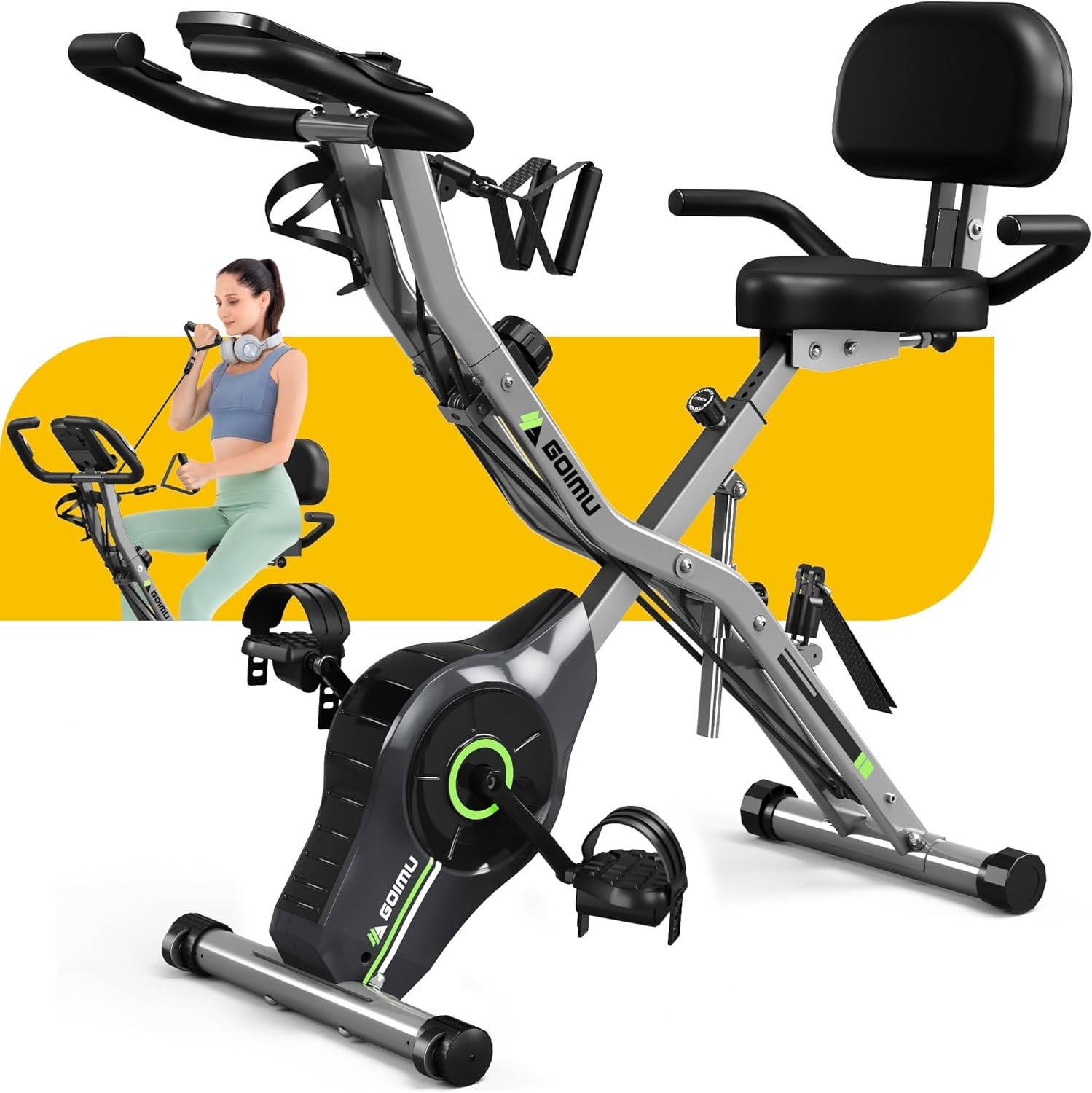 Exercise Bike, 5 in 1 Foldable Stationary Bike for Seniors, 16-Level Adjustable Magnetic Resistance, Indoor Workout Bike with 330LB Capacity, Comfortable Seat Backrest X-bike