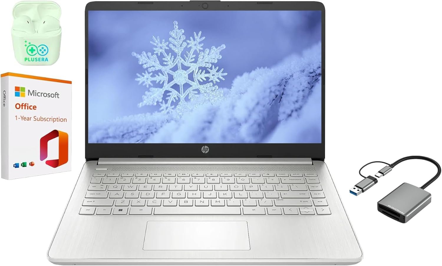 HP 14″ LED Business Laptop Computer, Intel Quad-Core N4120, Windows 11 S Laptop with 1-Year Microsoft Office 365, PLUSERA Earphones (Silver, 16GB RAM | 64GB eMMC+256GB SD Card)