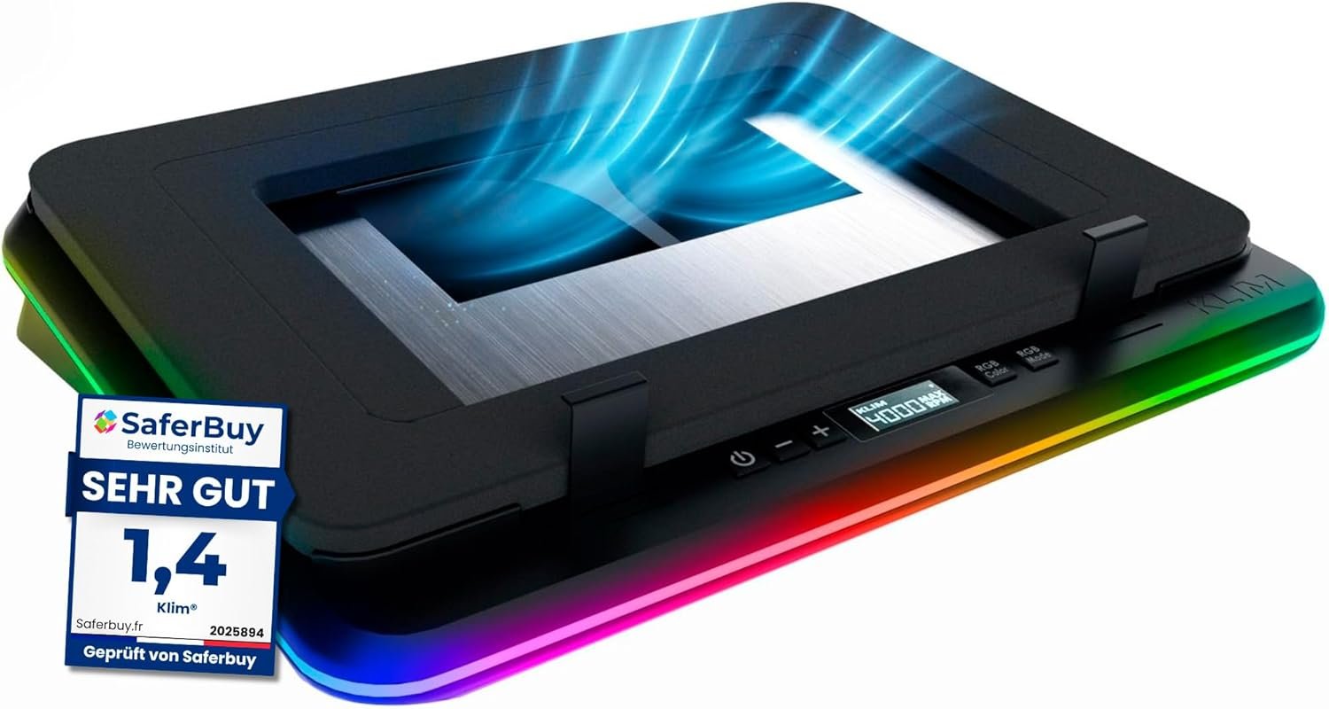 KLIM Turbofrost – Gaming Laptop Cooling Pad – 4 Powerful Turbo Fans – 4 x 4000 RPM, Laptop Cooler 2 Power Modes USB-C/DC, Dynamic RGB, 4-Ports USB, Sealed Foam for Fast Cooling for Laptops up to 17in