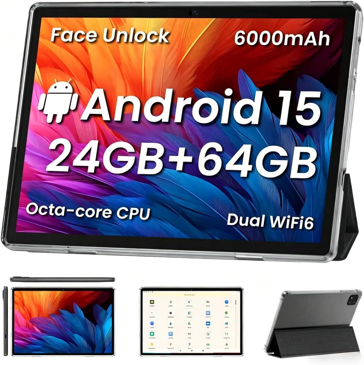 TUOHAITIME Android 15 Tablet,10 inch Tablets, Octa Core CPU, 24GB+64GB+512GB Expansion, 1280×800 Display Screen, Wi-Fi6, Dual Cameras, 6000mAh Battery,Support Widevine L1 Google Kids Space,Black